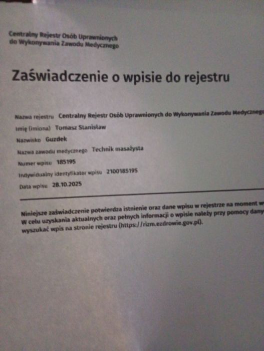 Tech Masażysta / Bowen  INDYWIDUALNY ident.  masażysty med na zdjęciu