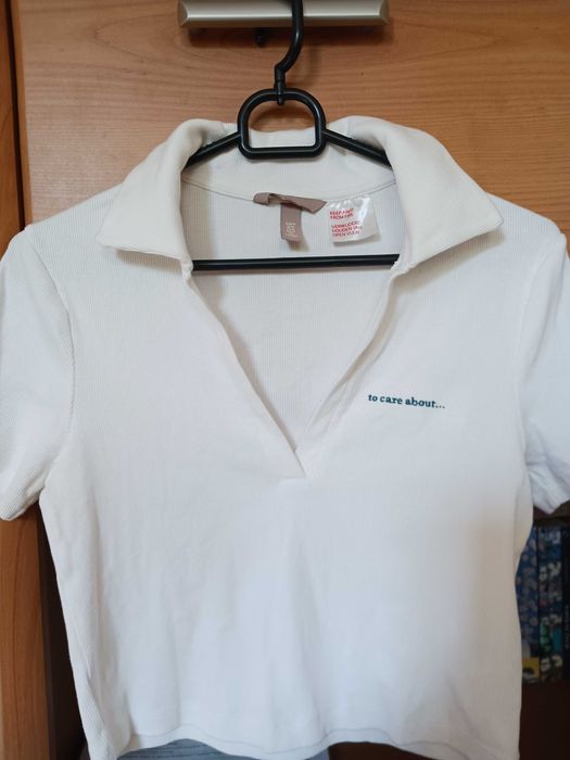 Krótka biała bluzka crop top koszulka dekolt V bawełna H&M 38 M