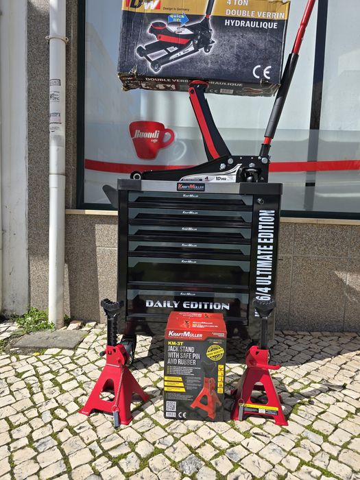 Conjunto de carrinho de ferramentas 6 gavetas e macaco e preguiças
