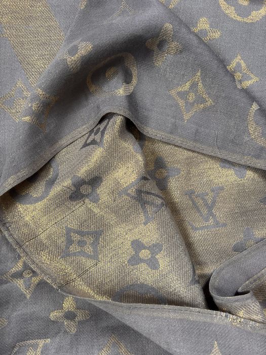 Duży szal chusta złoty szary wełna i kaszmir LV Vuitton