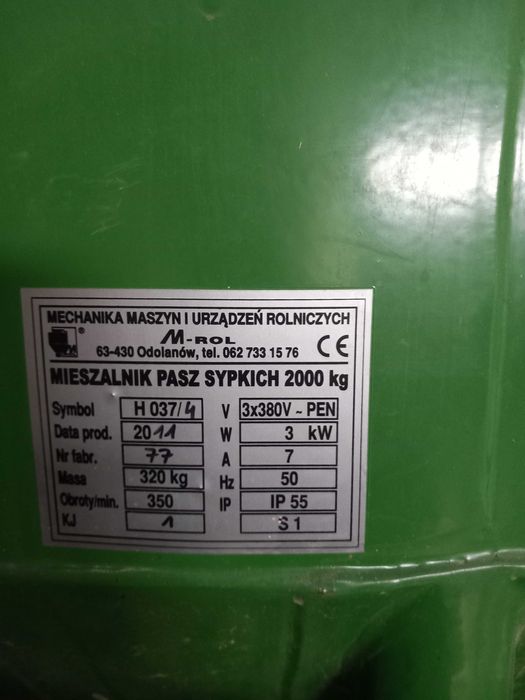 Mieszalnik pasz sypkich, M-ROL Odolanów 2000 kg, praktycznie nie używany.