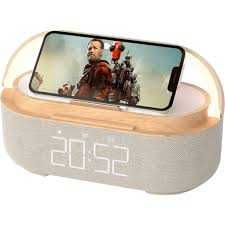 Głośnik bluetooth z funkcją radio FM, budzika, lampki nocnej oraz szybkiej ładowarki bezprzewodowej.