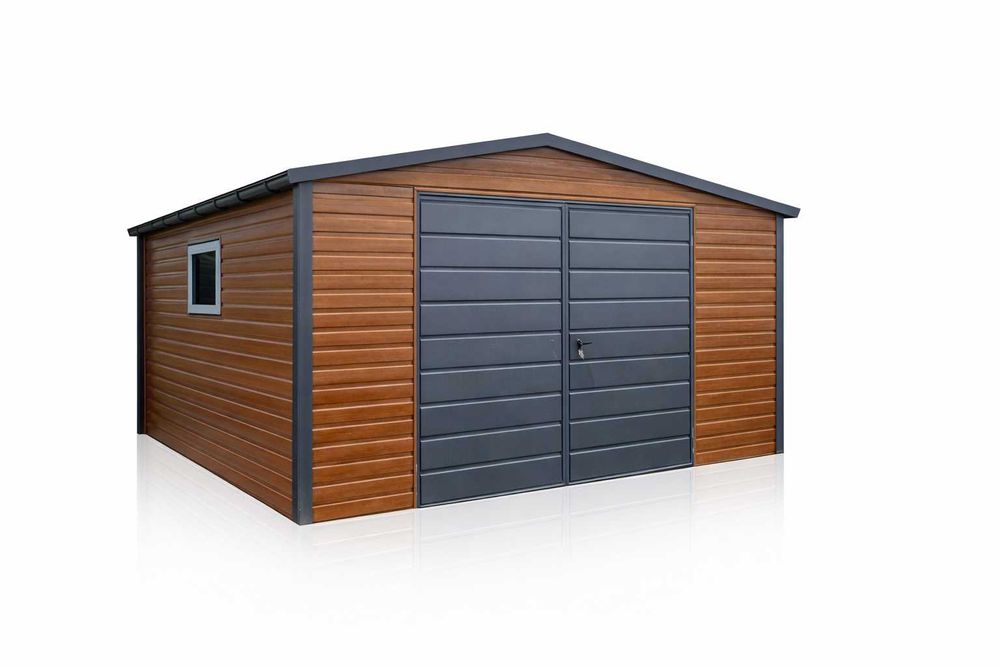 Garaż Blaszany dwuspadowy 4x5 Złoty Dąb + Ciemny Grafit Brama, okno