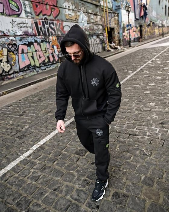 Чорний теплий на флісі зимовий спортивний костюм Stone island Tetra