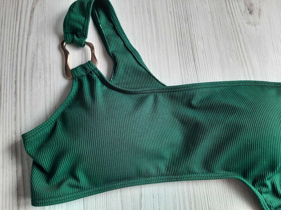 Зеленый купальник монокини на одно плечо L XL в рубчик мягкая чашка
