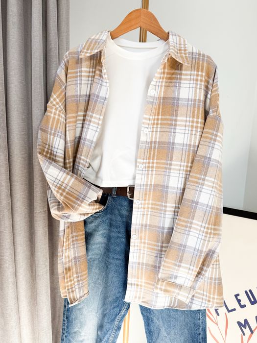 Koszula damska w kratę beżowa oversize casual XL