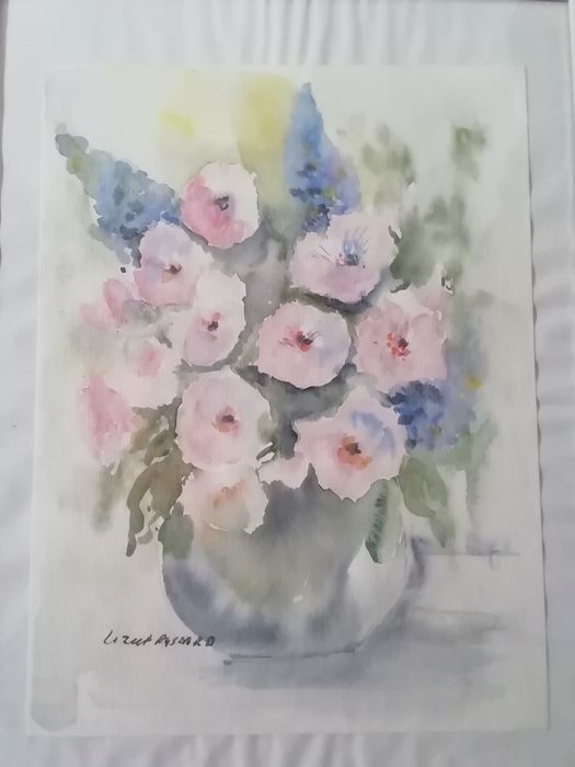 Obraz Kwiaty sygn. R. Lizut akwarela wym. 40x20 cm. Zamienię