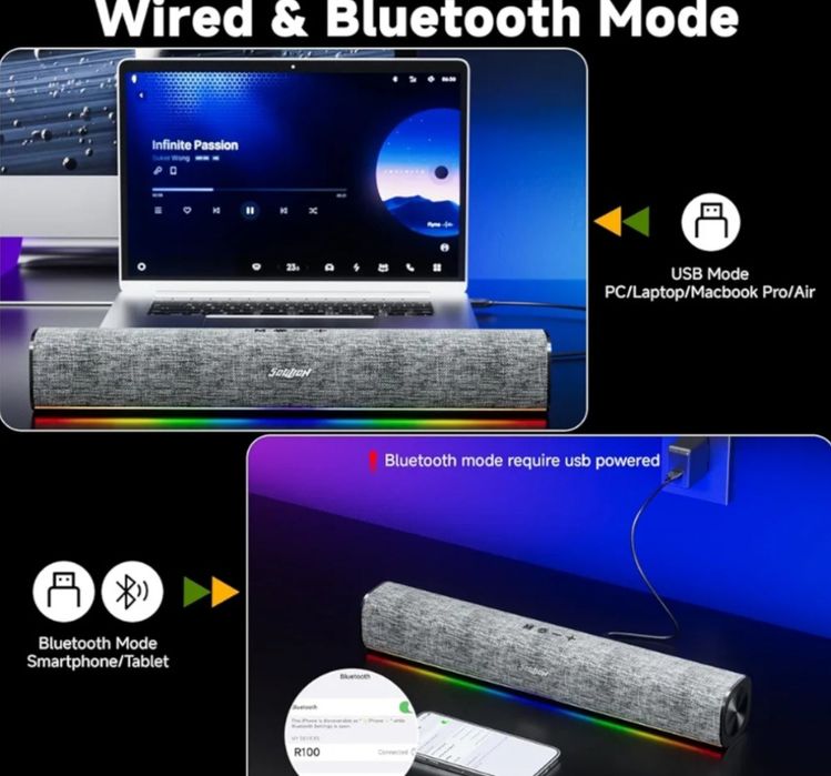 Колонка -саундбар SOULION R100, USB/Bluetooth з підсвіткою.Сток.