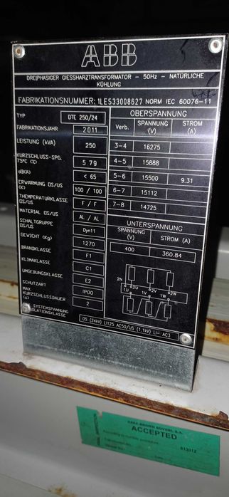 Transformator 250kVA ABB 15/0,4 kV suchy żywiczny