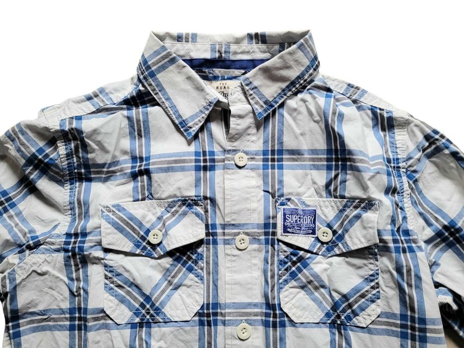 Biała koszula męska w kratkę Superdry M medium guziki kołnierzyk