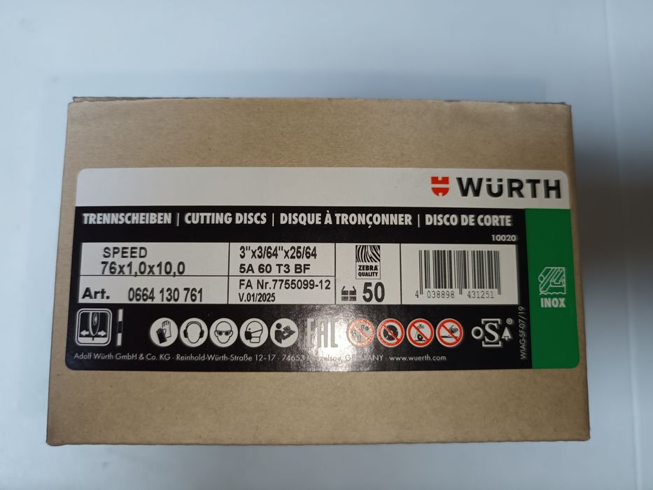 Disco de corte Wurth Speed Plus D76x1.0mm
SPEED PLUS INOX D.76X1.0MM