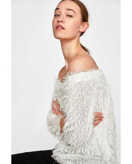Camisola branca de malha com franjas da Zara M Nova
