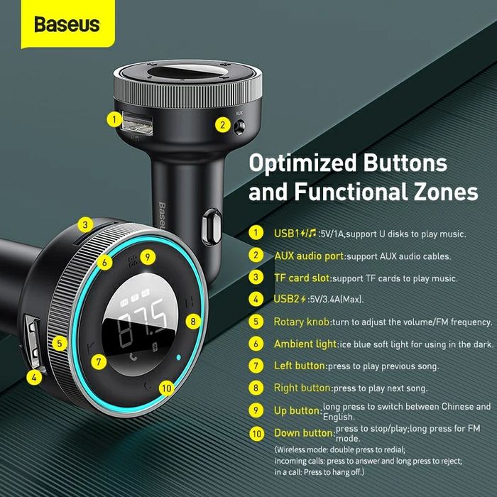 Трансмиттер BASEUS Enjoy Car FM AUX модулятор зарядка Xiaomi Roidmi 3S