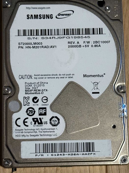 SAMSUNG SpinPoint M9T 2TB 5.4K 32MB SATA III 2.5'' ST2000LM003 - prawie nowy !!!