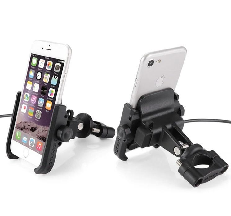 Держатель смартфона с USB зарядним алюминий чорний/сірий MOTOWOLF