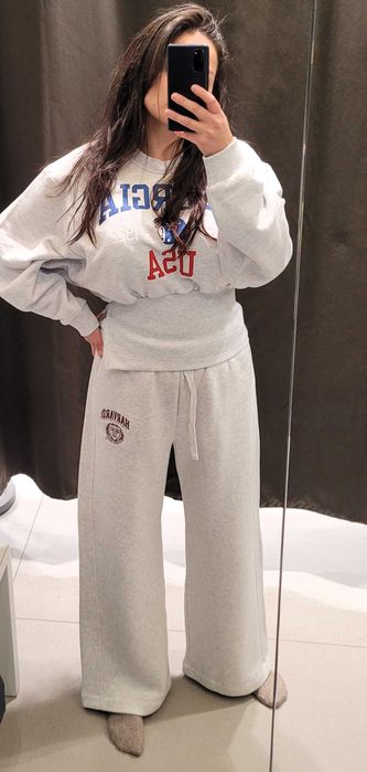 szare spodnie dres Zara wysoki stan na gumce S 36 harvard bawełna