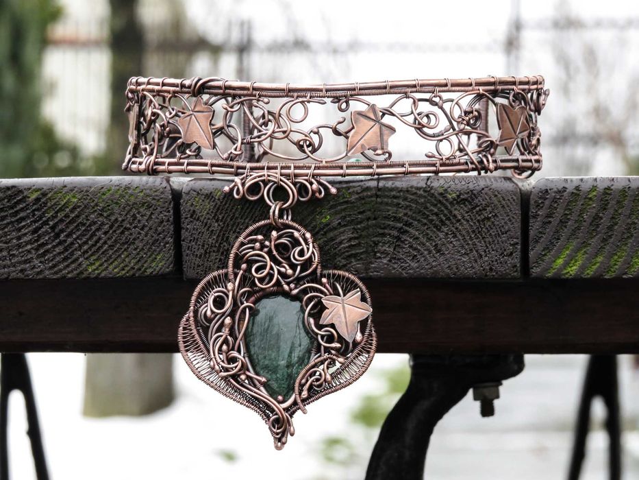 Unikatowa miedziana obroża, bluszcz, awenturyn, rękodzieło