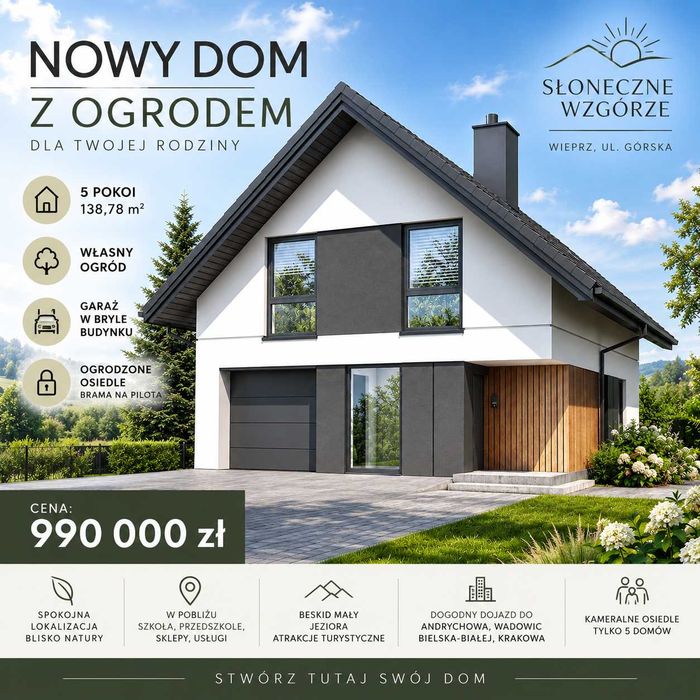NOWY DOM + WŁASNY OGRÓD - działka 800 m2 - 5-pokoi -  2-łazienki - garaż  - Wieprz