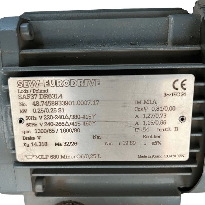 Motoreduktor SEW SAF37 DR63L4 0,25kW | Przełożenie 1:20 | FVAT