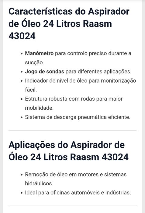 Aspirador Óleo Profissional RAASM 24L com sondas  pouco usado