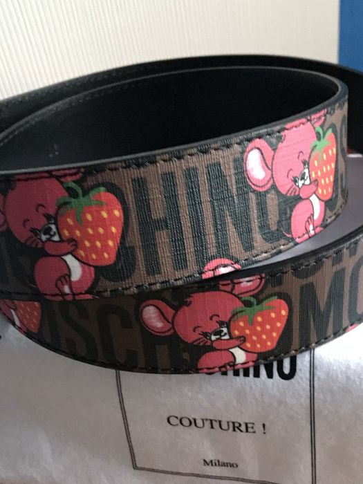 Pasek Moschino Couture, skóra, limitacja „Myszka z truskawką”,46=100cm
