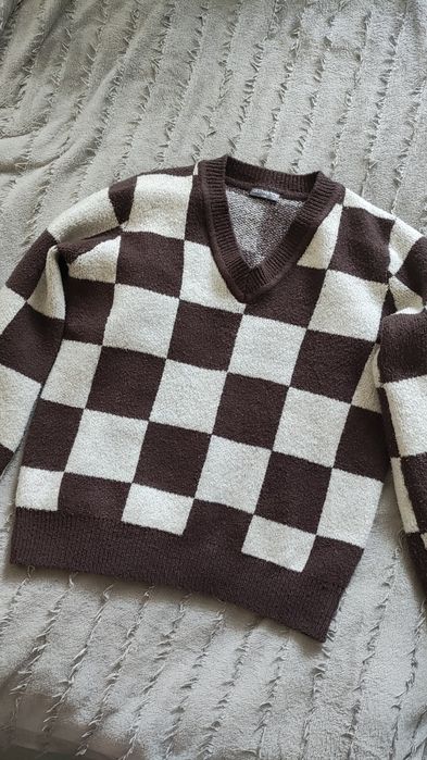 Sweter damski szachownica S 170cm beżowy brązowy