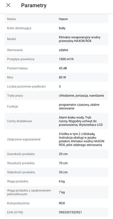 Klimator wodny HAXON ROX (klimatyzator) przenośny+ JONIZACJA nawilżacz
