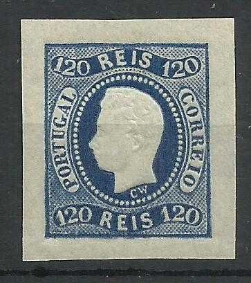 Selos portugueses - selo 120 Reis de D. Luís I, Fita curva, não denteado - Falso