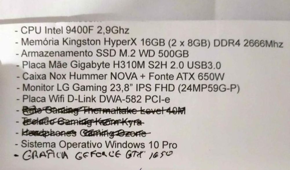 PC Gaming i5-9400F + GTX 1650 + 16GB RAM + SSD M.2 500GB