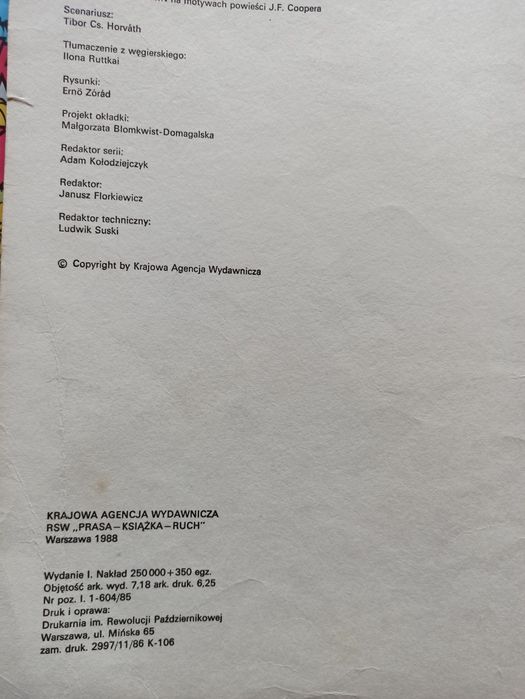 Komiks „Ostatni Mohikanin” – wydanie 1988, PRL, stan bdb, okładka mięk