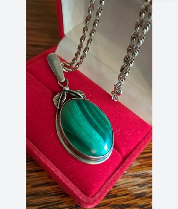 Stary piękny wisior malachit srebro  Prl