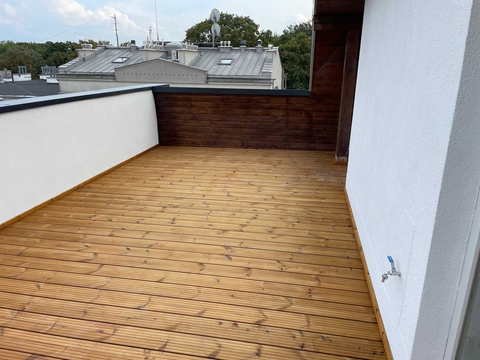 Taras, balkon deska drewniana, kompozytowa kompleksowo, hydroizolacja.