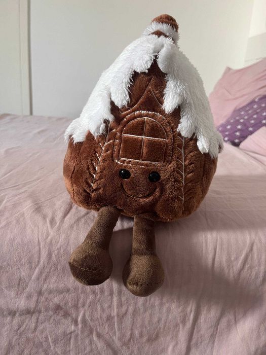 Peluche casinha de gengibre com telhado de neve e pernas, cerca de 22 cm