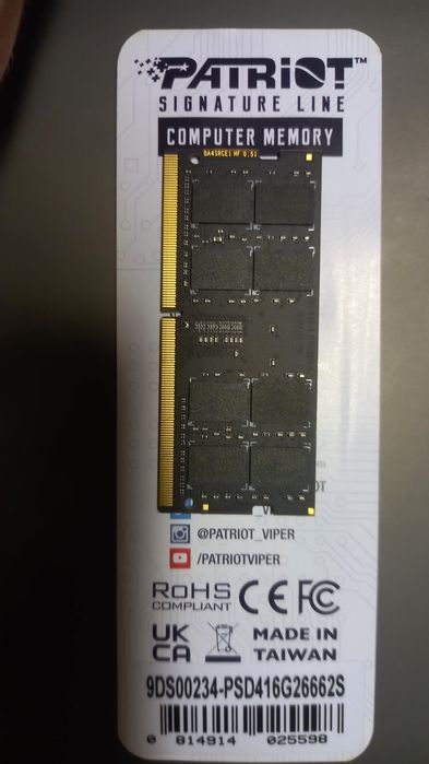 Оперативна пам'ять PATRIOT DDR4 16GB 2666MHz CL19 1.2V PSD416G26662S