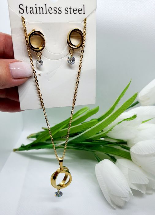 Zestaw biżuterii łańcuszek celebrytka kółeczka cyrkonie + kolczyki