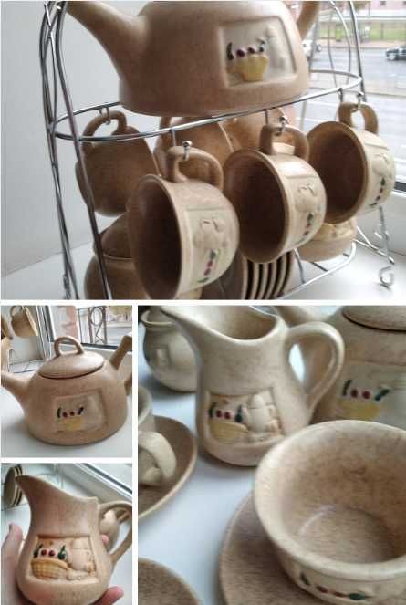 Новый глиняный кофейно-чайный сервиз  бренд S&T на подставке.