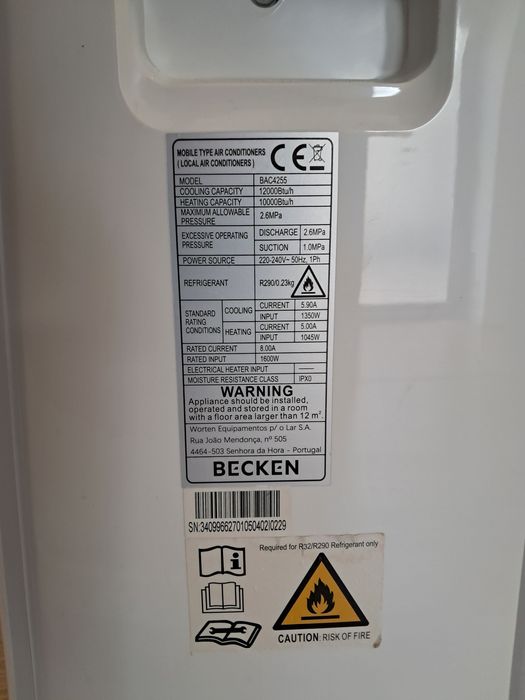 Ar Condicionado Portátil BECKEN BAC4255 (23 m² - 12000 BTU - Branco)