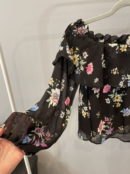 Czarna bluzka hiszpanka w kwiaty divided h&m 32 xxs