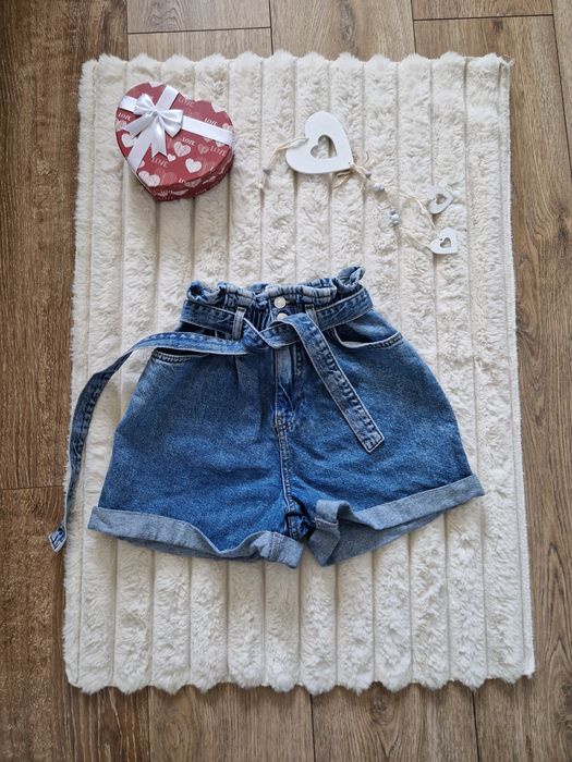 Jeansowe szorty paperbag z wysokim stanem i paskiem XS New Look Petite
