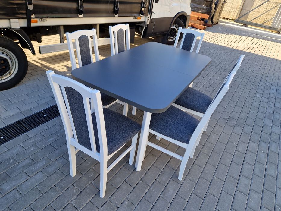 Nowe: Stół rozkładany + 6 krzeseł, bialy/grafit+grafit, dostawa całaPL