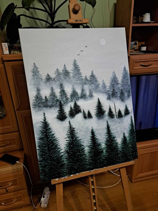 Obraz własnoręcznie malowany, las we mgle