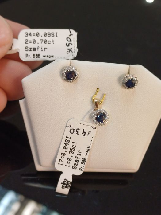 Złoty komplet  szafiry i diamenty