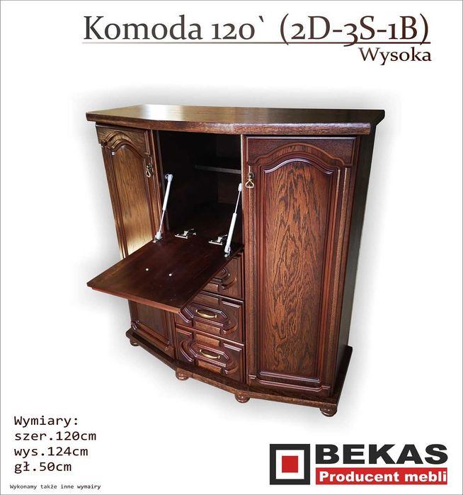 Stylowa Komoda 120 Wysoka (3D-2S) Dąb Rustikalny Producent BEKAS Meble
