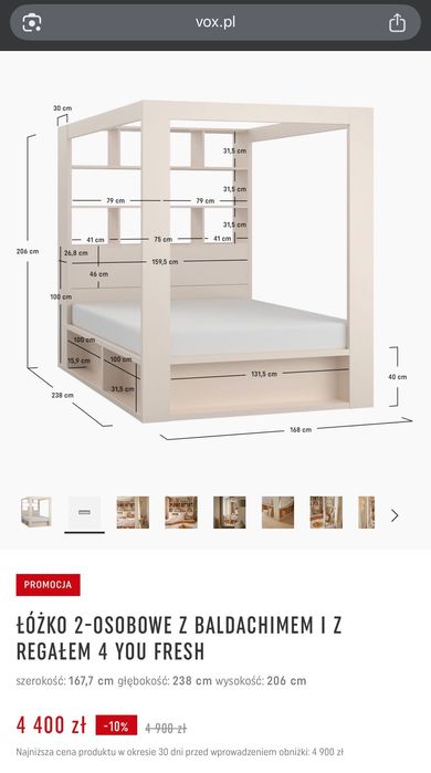 Łóżko z baldachimem i materacem Vox