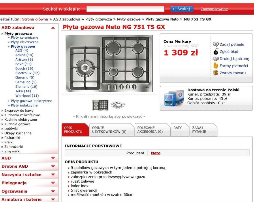 Duża płyta gazowa Neto NG 751 TS GX  -5 palników (1 zawór do wymiany)