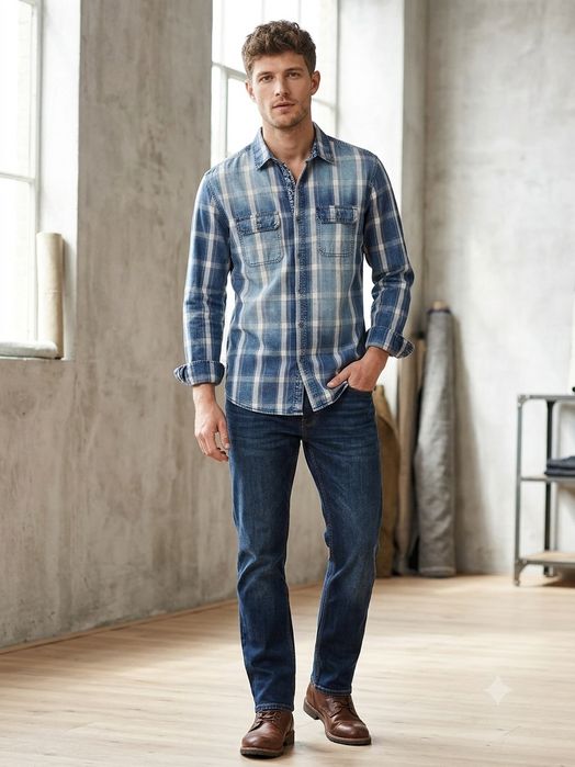 Koszula męska a'la jeans w kratę OVS r. XXL