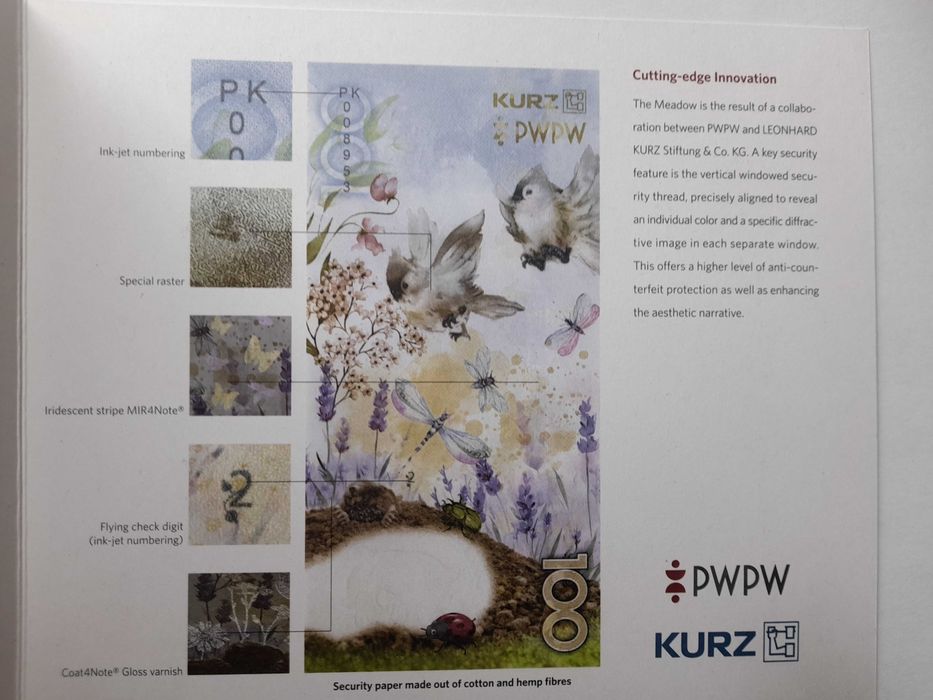 Banknot testowy Łąka 100 Pwpw +Kurz  folder jez.angielski rzadki walor