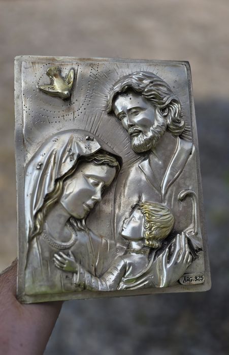 Quadro sagrada familia em prata