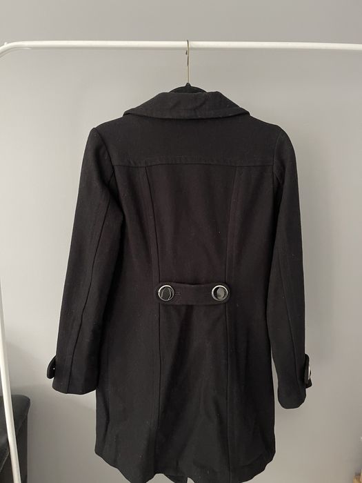 Czarny wełniany płaszcz wełna dwurzędowy h&m divided 34 vintage