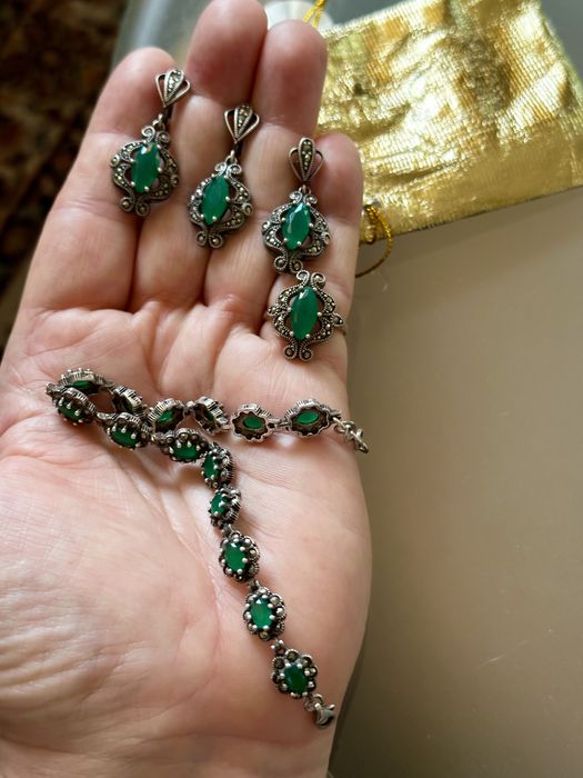 Srebrna biżuteria ze szmaragdami komplet bransoleta itd cudo!